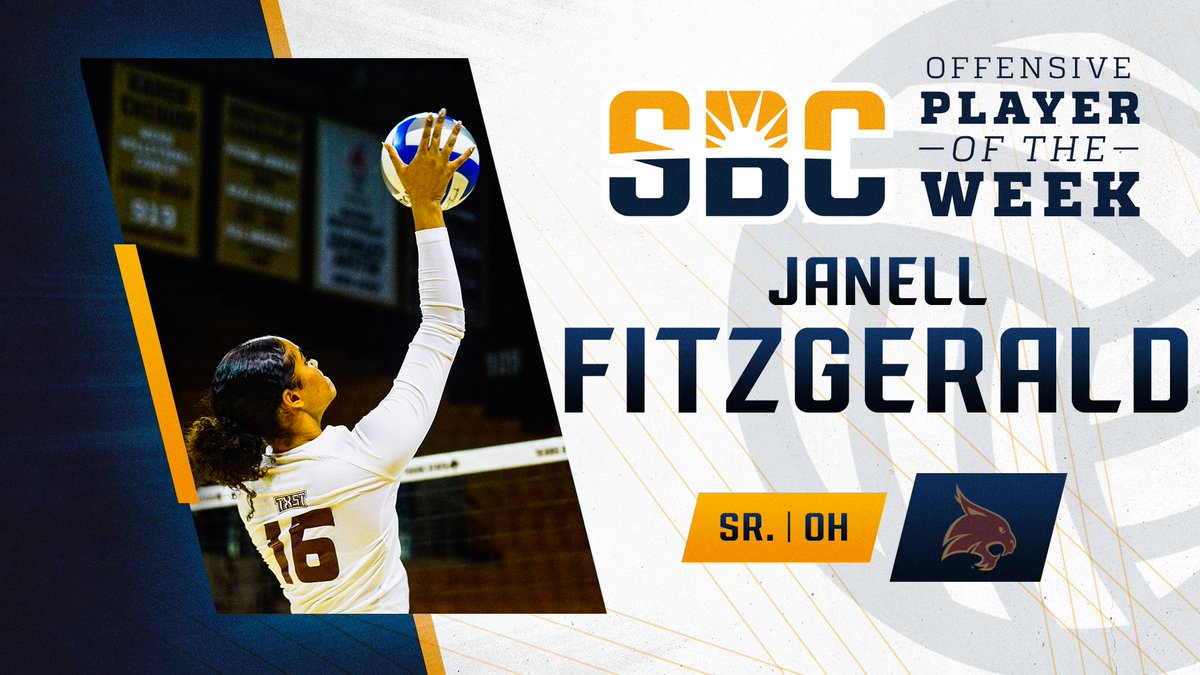 SunBelt's tweet photo. 𝗙𝗔𝗡𝗧𝗔𝗦𝗧𝗜𝗖 𝗙𝗜𝗧𝗭𝗚𝗘𝗥𝗔𝗟𝗗.

@TexasStateVball senior @janellbrashae led her team to an undefeated weekend and is the #SunBeltVB Offensive Player of the Week for the second straight week. ☀️ 🏐

📰  » https://t.co/9c2J0C6TMt https://t.co/VDz6Kz8NZ7