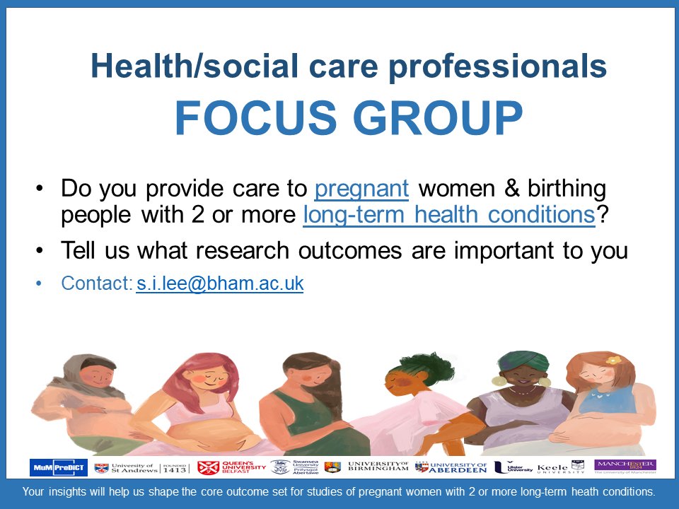 pbsciStAndrews's tweet photo. Are you a health /social care professional caring for #pregnant women & birthing people with 2 or more long-term health conditions #multimorbidity?
Join our Focus Group to discuss what research outcomes are important for our #CoreOutcome Set. #mumpredict https://t.co/3hNMHFDv17 https://t.co/amu4oQucOm