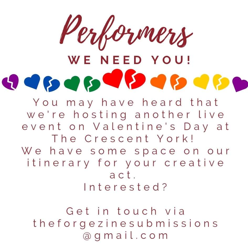 forgepressuk's tweet photo. #LocalPerformers if you're looking to perform at our LIVE Valentine's Day #NightofArts at the Crescent in #York get in touch!
Slide us an email or fill out our google form here, it only takes a few minutes!
https://t.co/y9HaHPv3w4 https://t.co/I08BuDw8Fz