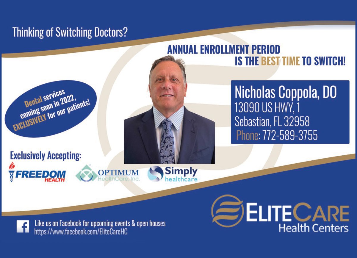 MyLivingMedia's tweet photo. If you’re thinking of switching doctors, then the annual enrollment period is the BEST TIME to - call Nicholas Coppola, DO at Elite Care Health Centers for expert medical care 🩺
#PrimaryDoctor #PrimaryCare #FamilyMedicine #FamilyDoctor #VeroBeach #Sebastian #TreasureCoast https://t.co/n09eGN8qRI