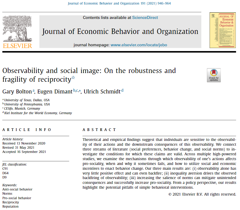 eugen_dimant's tweet photo. VERY🥰that this is finally published. The typical econ route that took forever...

We (w/ Bolton &amp; Schmidt) evaluate when &amp; why simple reputation #nudges (one's (un)ethical actions being observed by others) can backfire. Details in🧵👇

Paper: https://t.co/VkVTr7MOk9
#EconTwitter https://t.co/UIdd1H9T6J