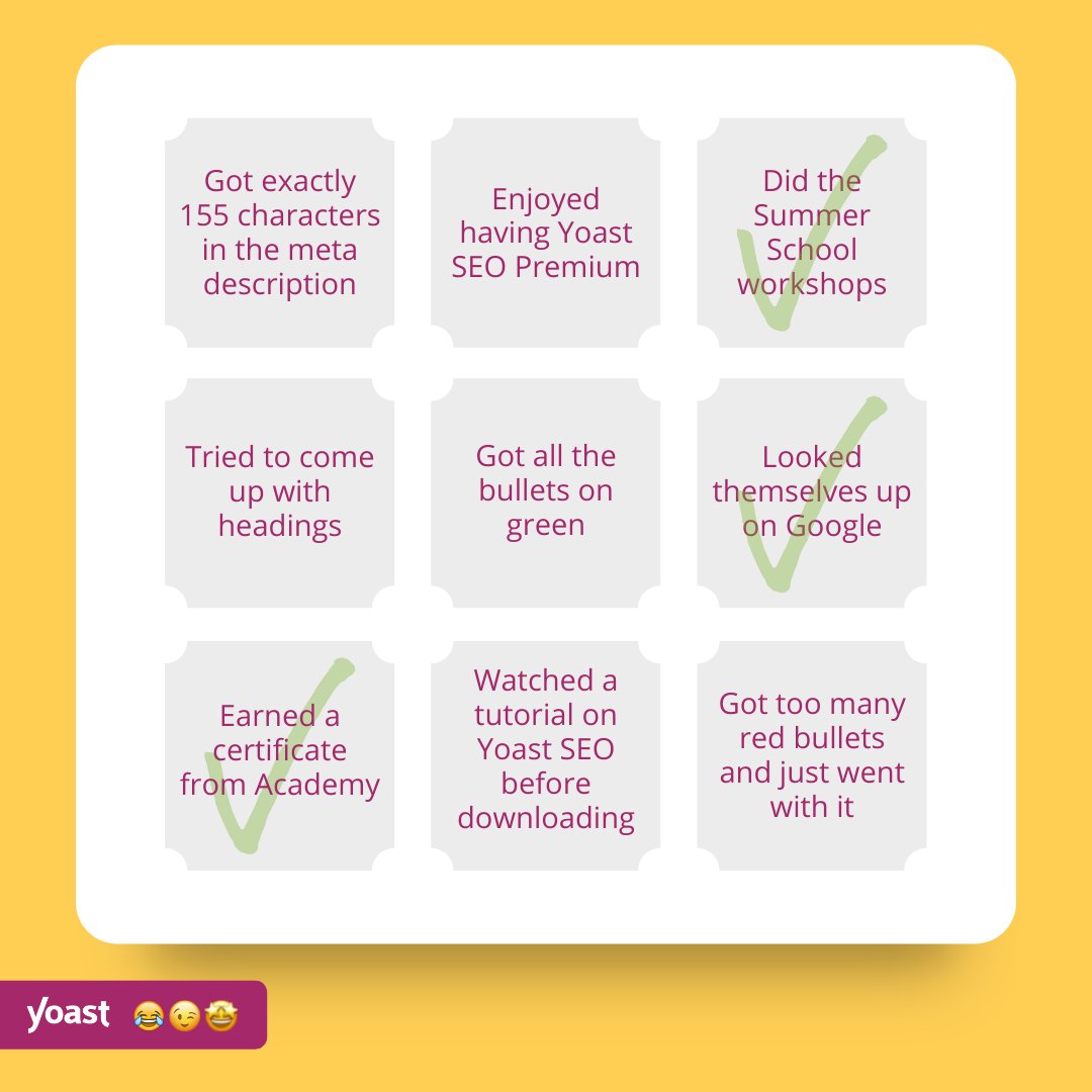 yoast's tweet photo. YOAST BINGO! π₯ We think we have all looked ourselves up on Google at some pointβ¦ π #Google #SEO #SEObingo #YoastSEO #Yoast #YoastSEOplugin https://t.co/YsfW1om3mr