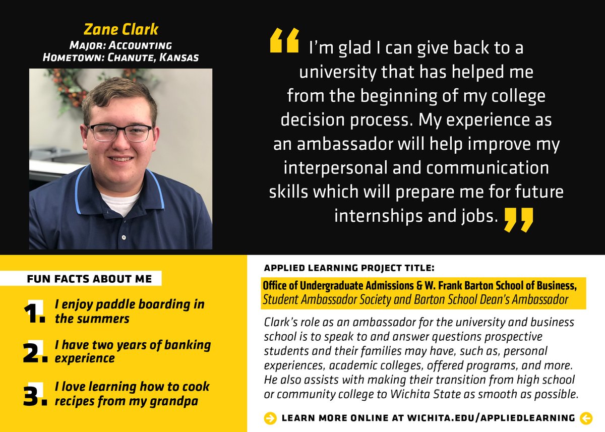 Our next National #TransferStudentWeek highlight goes out to Zane Clark, a transfer from @NCCC! You make a difference here at 🌾 @WichitaState and create such a positive atmosphere! 

Clark loved the @BartonSchoolWSU and the opportunities to gain experience with internships! 💼