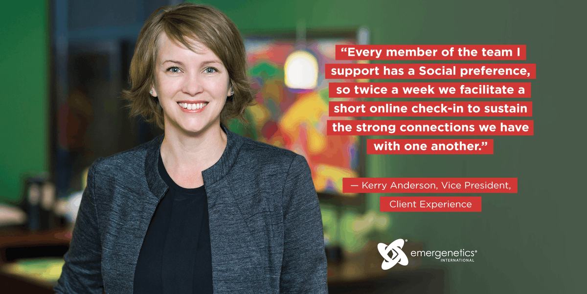 Emergenetics_'s tweet image. Kerry Anderson, our Vice President of Client Experience shares one way she engages her virtual team through their Emergenetics preferences. #PeopleofEmergenetics #WFHTips
