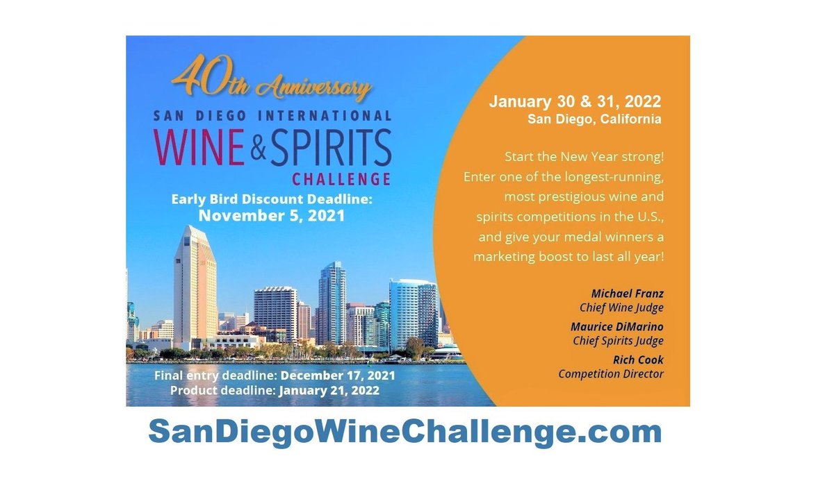 SDWineChallenge's tweet photo. WINERIES and DISTILLERIES:
San Diego International Wine &amp; Spirits Challenge will take  place January 30 &amp; 31, 2022. 
Enter by Nov 5 for Early Bird Discount
Details and online entry at 
https://t.co/0MrYFIB6ks https://t.co/4LYRBn32ks