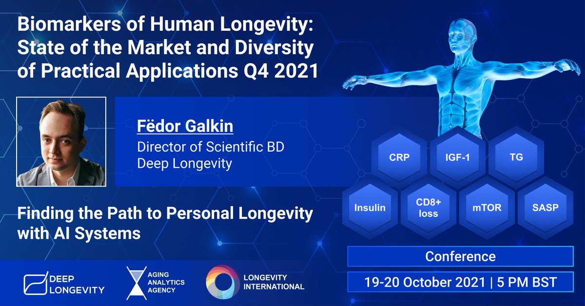 Join the 𝐁𝐢𝐨𝐦𝐚𝐫𝐤𝐞𝐫𝐬 𝐨𝐟 𝐇𝐮𝐦𝐚𝐧 𝐋𝐨𝐧𝐠𝐞𝐯𝐢𝐭𝐲 conference in 1 hour and listen to the presentation of our scientific director Fёdor Galkin on how #geroscience generates personalized recommendations for #healthylongevity.
Join now: eu1.hubs.ly/y07J970