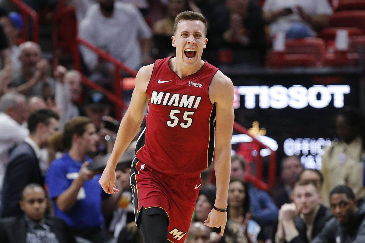 Miami Heat guard Duncan Robinson yelling “YIPPEE!” from his twin bed in celebration of NBA opening night, sources tell ESPN.