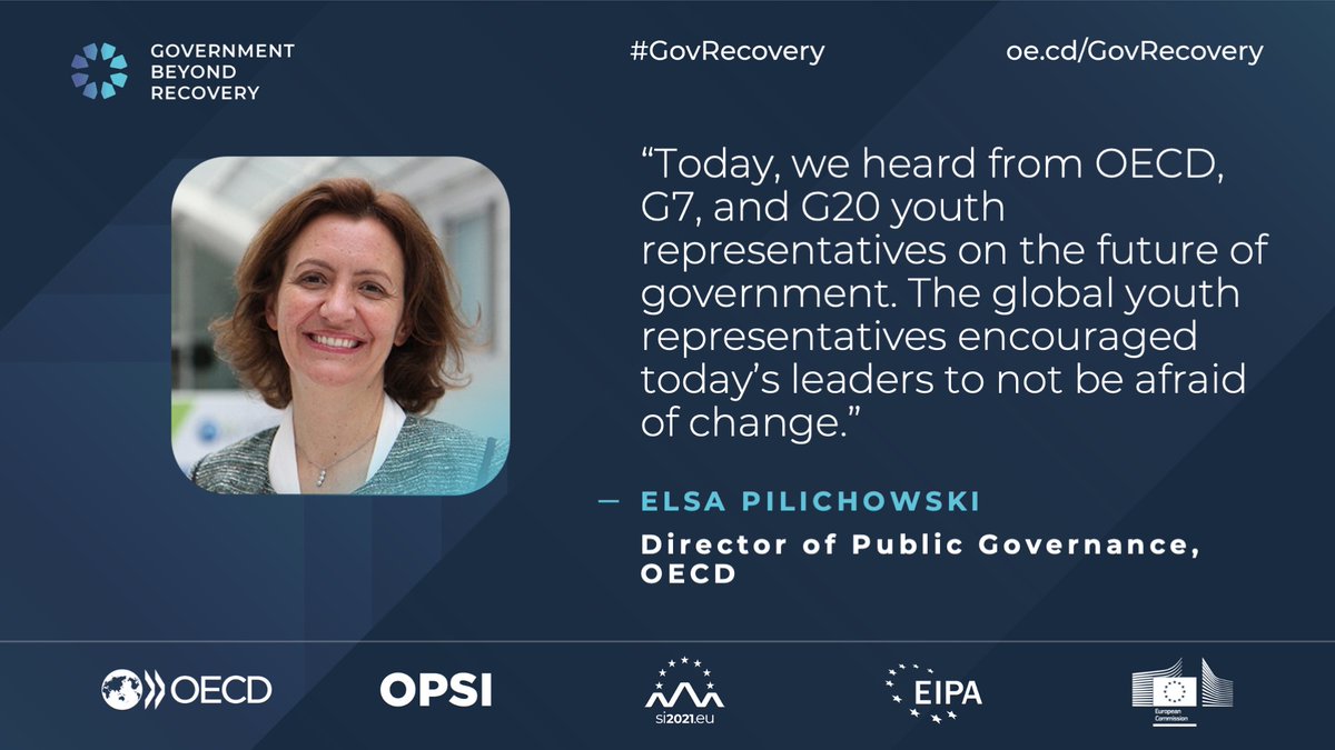 OPSIgov's tweet image. 🗣 Elsa Pilichowski, Director at @OECDgov, at the #GovRecovery recalling the words of the OECD G7 and G20 #youth representatives on the future of government! 🔭🏦