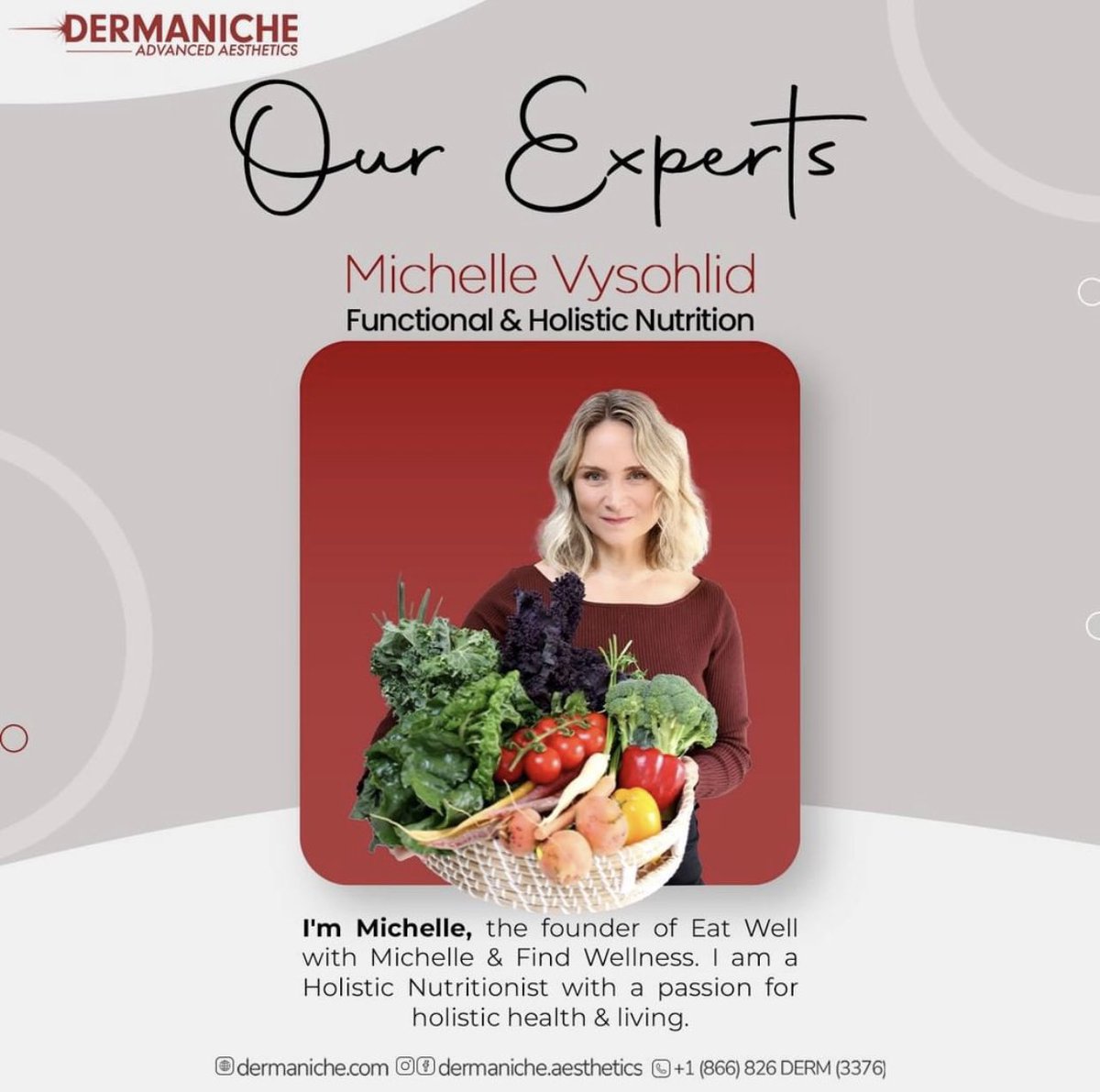 Meet our Panel of Experts! 
Michelle Vysohlid is the founder of Eat Well with Michelle &amp; Find Wellness.
.
#dermanicheaesthetics #aesthetics #expertpanel
 #almalasers #michellevysohlid #nutritionist #holisticliving #Canada