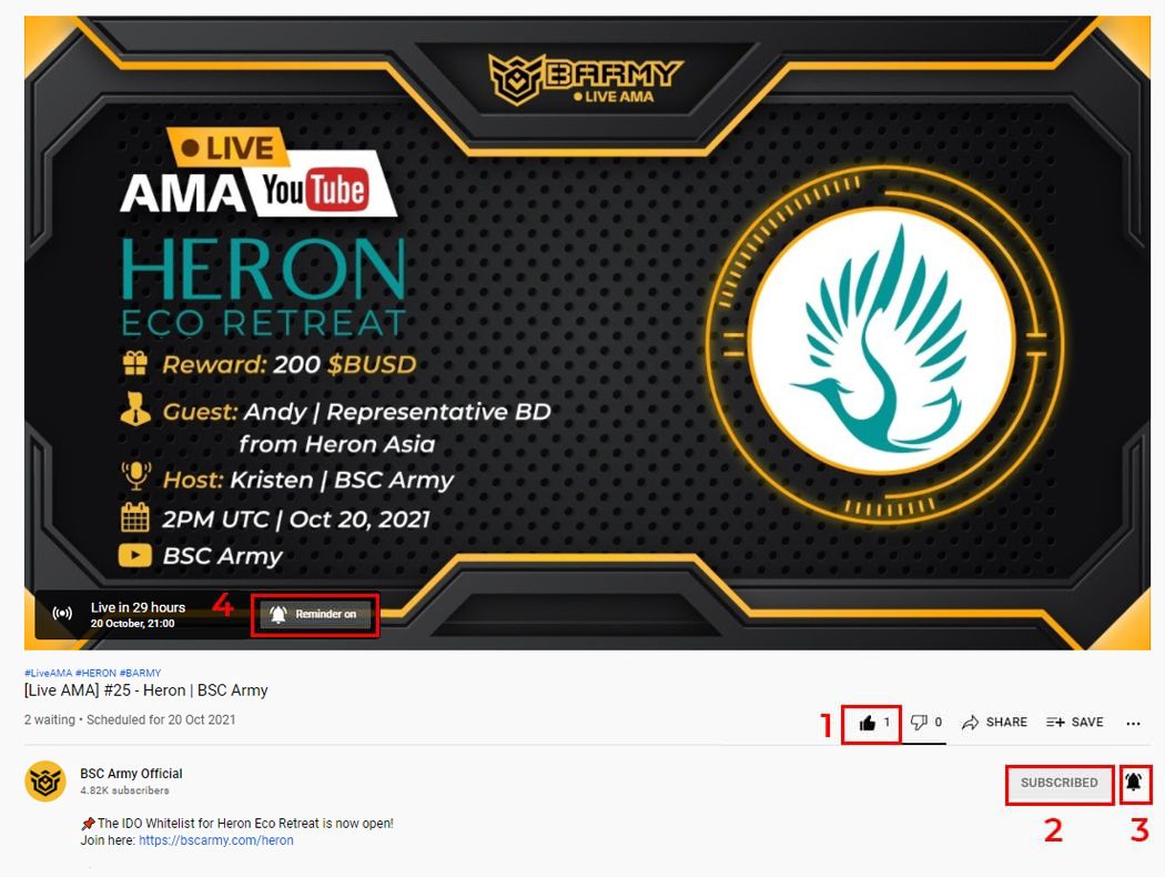 BARMYGROUP's tweet photo. #BSCArmy &amp; @HeronAsia will co-host a live #AMA!

⏰ 2PM UTC | Oct 20th

👤 Guest: Andy | Representative BD from Heron Asia

🎁 Reward: 200 $BUSD

🔘Rules: 
🔸Complete 4 steps in the pic 👇
🔸Like &amp; RT
🔸Cmt proof &amp; tag 3 👧 in this Tweet

YT link: https://t.co/bNtTweXsON
Join us! https://t.co/NchfQ5GG8S