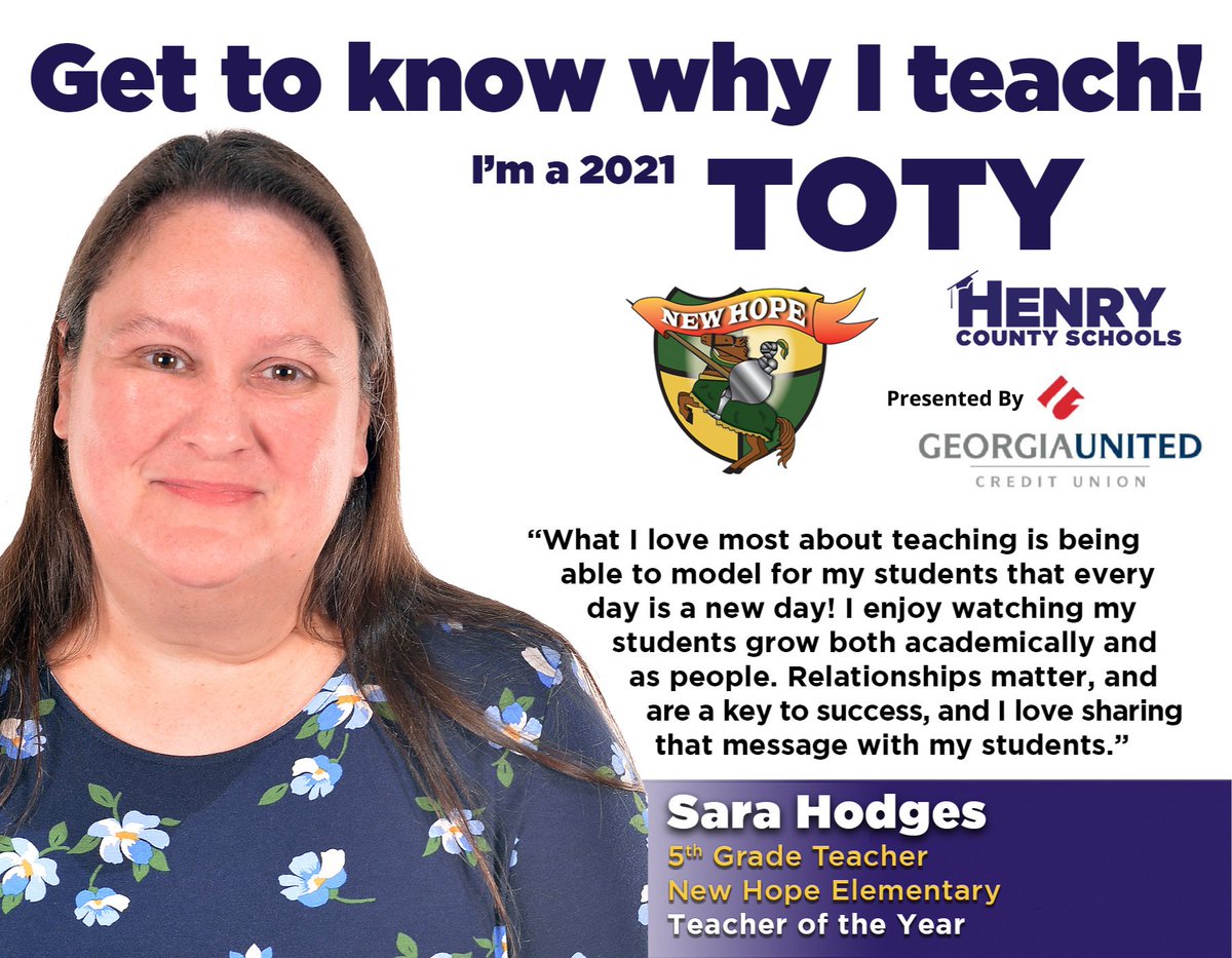 HenryCountyBOE's tweet photo. Meet @NHE_HCS's Teacher of the Year, 5th-grade teacher Sara Hodges!

#TeachingHappensHere in Henry!

The 2021 HCS Teacher of the Year is presented by @GAUnitedCU. https://t.co/cE7gt6yuoa