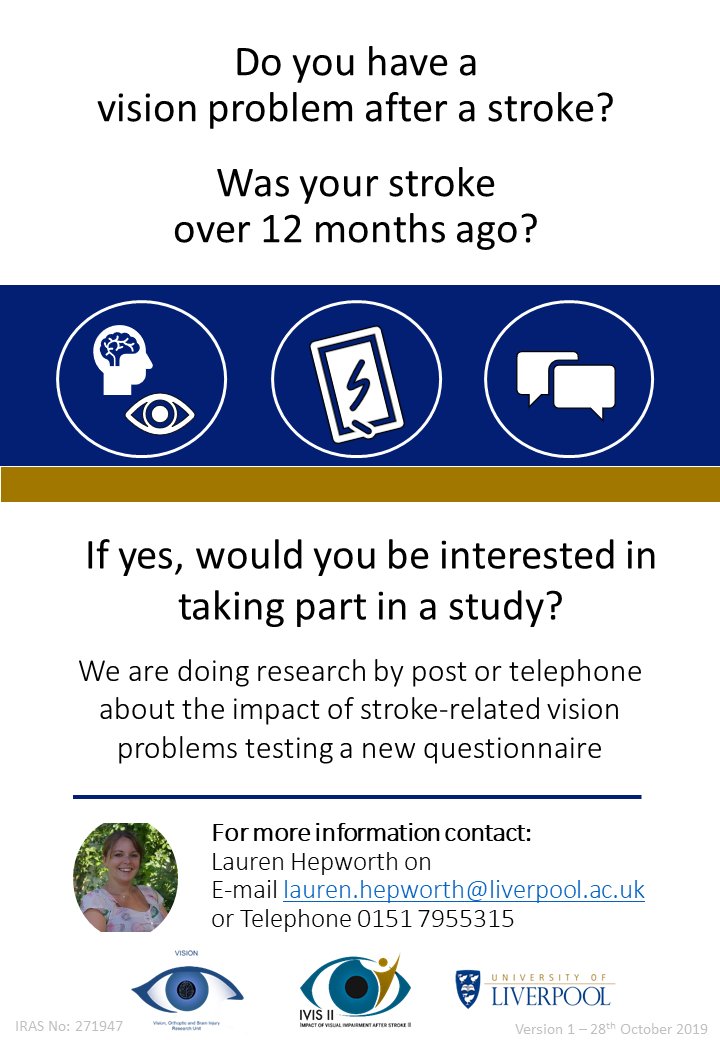 We are recruiting for the Impact of Visual Impairment after Stroke study. If you know/are a #StrokeSurvivor with a post-stroke visual problem for over 12 months, please circulate/get in touch (more contact details in the picture)! <a href="/TheStrokeAssoc/">Stroke Association</a> <a href="/biosstrokeneuro/">BIOSstrokeneuro</a>