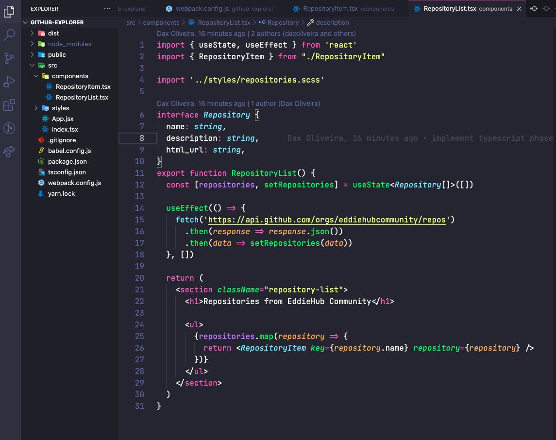 oliveiradax's tweet photo. Today is day 12/100 of my #100daysofcode challenge. I worked on implementing #typescript to a #reactjs application that calls the #github #api and displays a list of #eddiehubcommunity's repos.

https://t.co/DJaafPJeHy https://t.co/mWfXgmVkeQ
