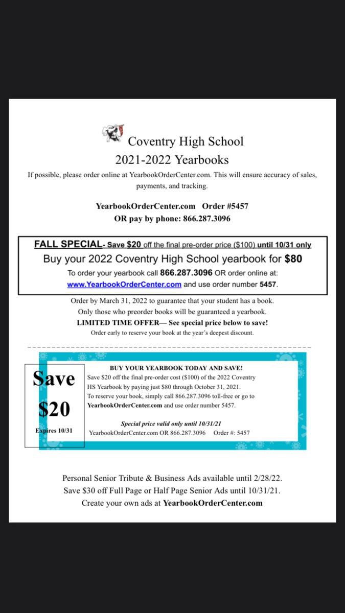 YEARBOOK SALE - Save $20 if you order by October 31. See attached flyer