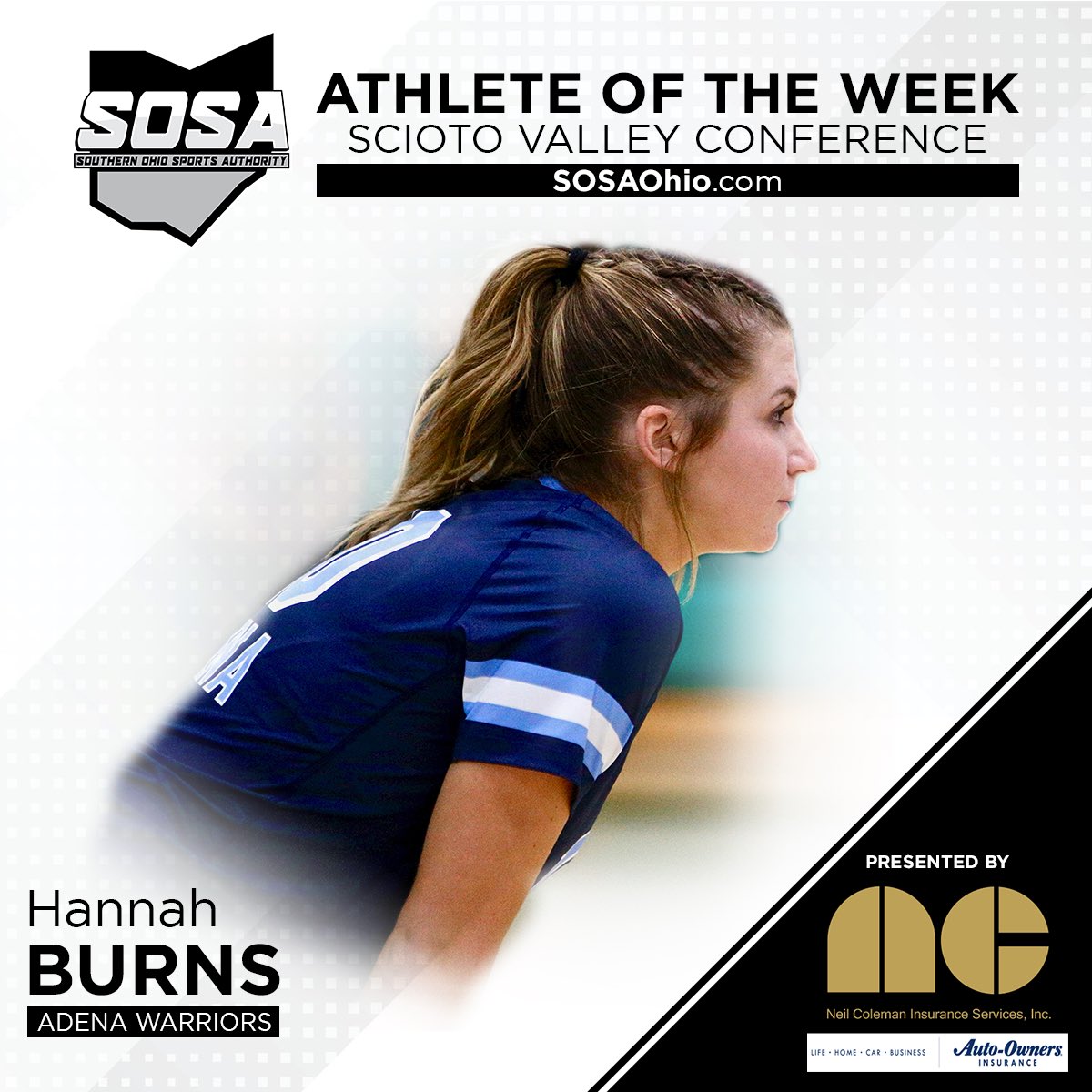 This week’s SVC Athlete of the Week, presented by Neil Coleman Insurance, is Adena’s <a href="/hannahhburnsss/">Hannah Burns</a>.

Burns has helped the Warriors to 20-2 mark this season and an unrivaled SVC title while posting 166 kills, 25 blocks and 67 digs.