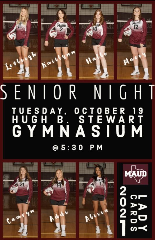 MaudTXISD's tweet photo. Our Maud Lady Cardinal Volleyball Senior Night is tonight! There will be two games with JV starting at 4:30pm. Senior night festivities for Lezleigh, Kaitlynn, Halle, Macey, Camryn, Addison, and Alivia will take place between the JV and Varsity games. #MaudTXISD #MaudTXISD https://t.co/dthXvwaAse
