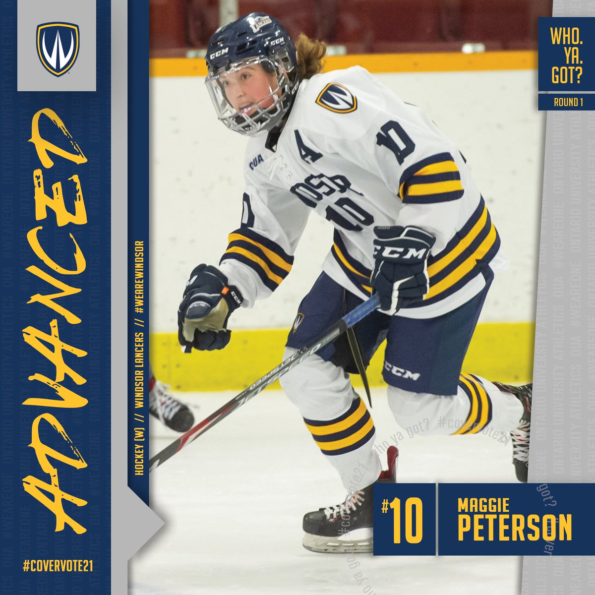 OUAsport's tweet photo. Next stop ➡️ Round 2!

Four student-athletes remain, as the 🇼🏒 #QuestForTheCover continues on to the semifinals! 📈

Voting picks up again tomorrow at 12:00pm! 🗳️

#WeAreONE | #CoverVote21 https://t.co/0sJNi8j8lH