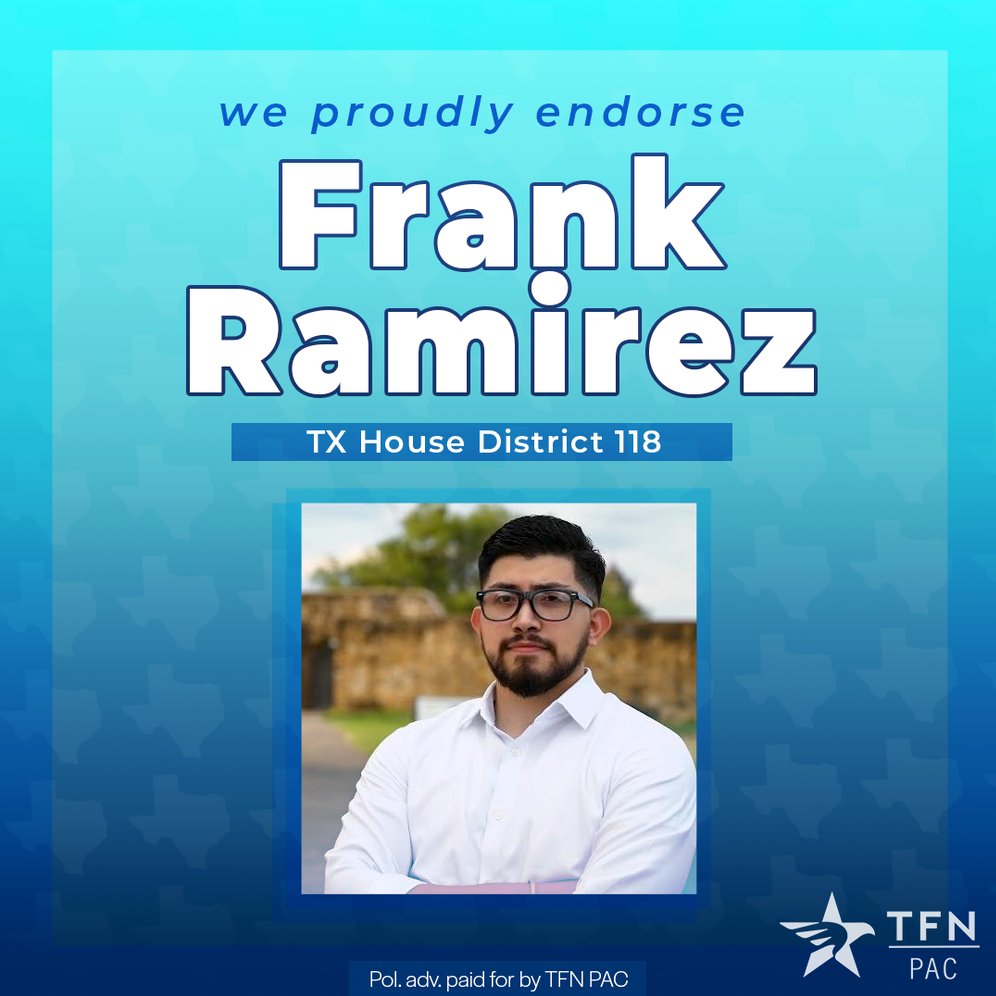 Y'all, there is an election coming up on Nov. 2 and early voting is happening 👏 right 👏 now.

Today, TFN PAC is proud to announce its support of <a href="/FrankforTexas/">Frank Ramirez</a> for the open #HD118 seat in Bexar County!

Go vote ASAP and send Frank to the #txlege.

#SATX