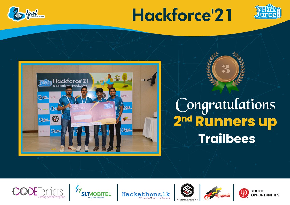 YarlSFO's tweet photo. Congratulations Team Trailbees for emerging as the 2nd Runner-up of the #Hackforce21, Salesforce Hackathon..πππ
#Salesforce #cloudcomputing #Hackforce21 #YarlSFO #hackathon #Salesforce_Hackathon
@salesforce @trailhead @salesforceapac https://t.co/rchTILsiA5
