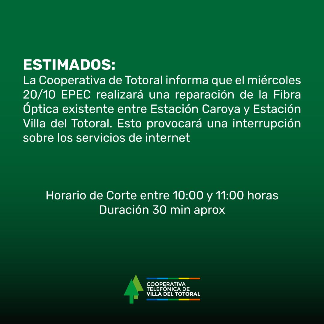 ⚠ #INFORMACIÓNIMPORTANTE ⚠

#TRIPLEPLAY #CooperativaTelefónica #Coop_Totoral #TV  #Totoral #Internet #TelefonoFijo