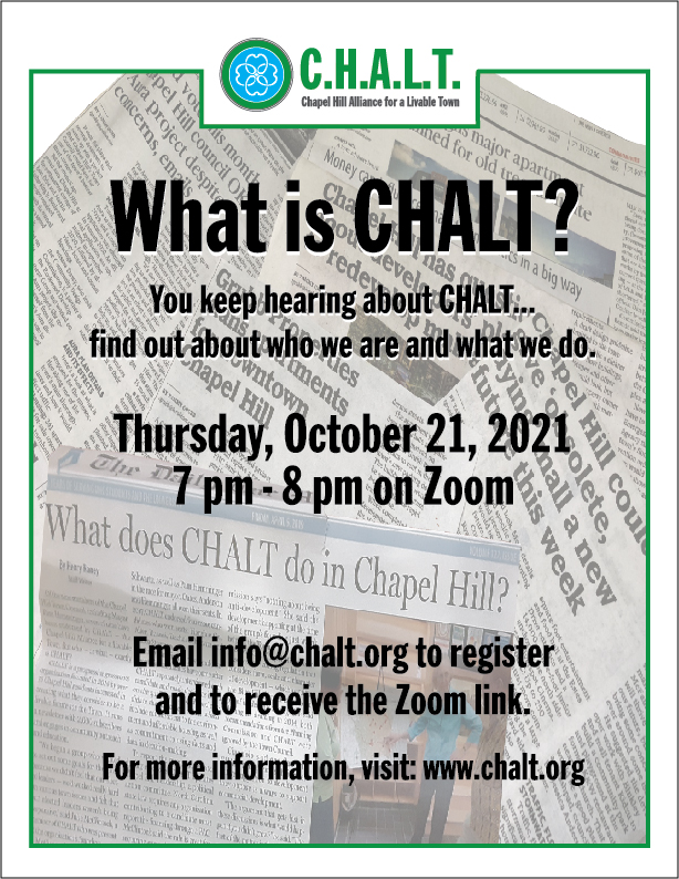 CHALT_CH's tweet photo. What is CHALT? You keep hearing about CHALT. Find out who we are and what we do on Thursday, October 21st from 7 - 8 pm. Email info@chalt.org to register and to receive the zoom link. For more information visit https://t.co/7fYCXXjvuC #ChapelHill #CHALT https://t.co/YK9ThWRinL