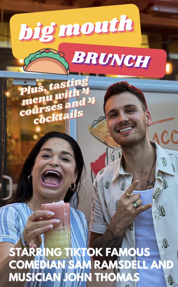 TacoDaddySTM's tweet photo. In case y’all wanted to roll through: SAM RAMSDELL’S BIG MOUTH COMEDY BRUNCH FROM 1-3 at TACO DADDY IS THIS SATURDAY 10/23.

INCLUDES 4 COURSE TASTING MENU W/ COCKTAIL PAIRINGS. 

IF YOUR MANS DOESNT GET WHY THIS IS IMPORTANT, DUMP HIM. ANYWAYSSSS TICKETS: https://t.co/0JGIZQSN77 https://t.co/jYfeTOKWoR