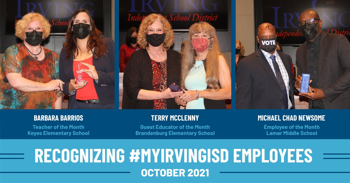 IrvingISD's tweet photo. A round of applause for the staff members of the month who were recognized during Monday's board meeting! 👏👏

🌟Teacher: Barbara Barrios, @KeyesTigerCubs 

🌟Guest Educator: Terry McClenny, @BburgCougars 

🌟Employee: Michael Chad Newsome, @Lamar_MS https://t.co/2Q2jFPodf7