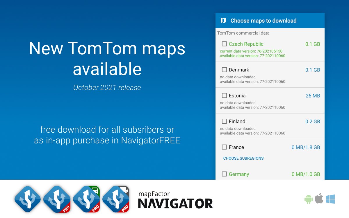 mapfactor's tweet image. New TomTom maps (version 77) available for Navigator, MapExplorer and our OCX modules. 
More details here: mapfactor.com/en/news/new-to…

#gpsnavigation #gps #navigator #navigation #maps #tomtom #gofromheretoanywhere #trucknavigation #carnavigation #trucks #car #truckers #android #ios