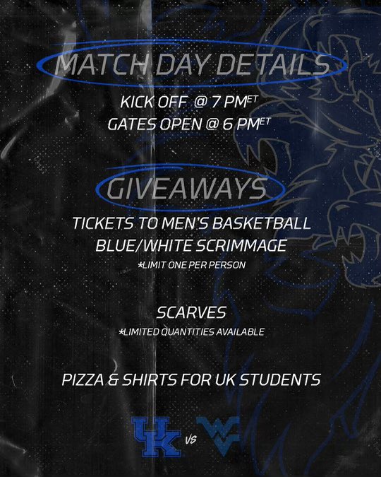 UKMensSoccer's tweet photo. As if the 🆓 top-25 soccer wasn’t enough, we’ve got plenty of reasons for the #BBN to pack the Bell at 7 p.m. ET:

🏀 Free Blue-White Game tickets
🧣 Free UK soccer scarves
🍕 Free pizza for UK students
👕 Free t-shirts for UK students https://t.co/eROVkGtM1r