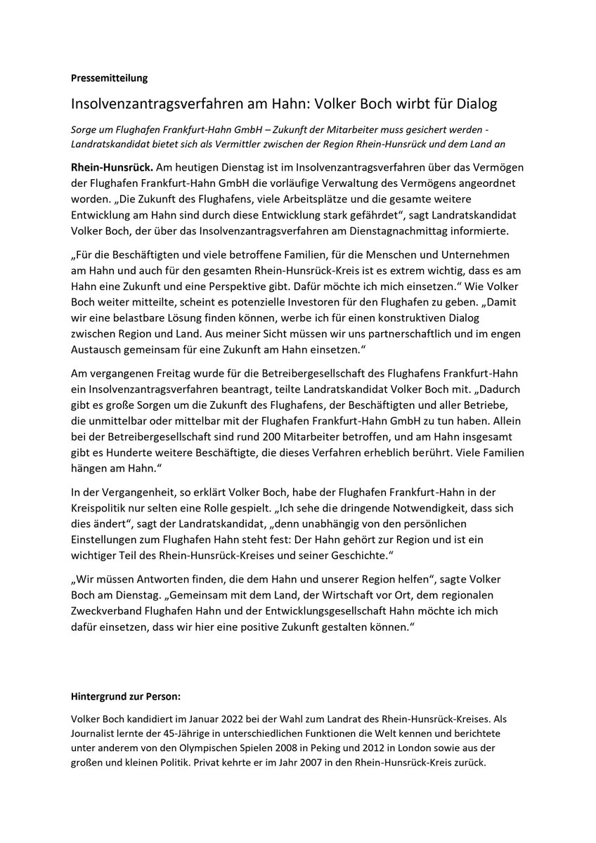 BochVolker's tweet photo. Vor wenigen Tagen habe ich meine Kandidatur für die #Landratswahl im Rhein-Hunsrück-Kreis bekannt gegeben. Weil ich etwas gestalten will. Zu tun gibt es genug - gerade aktuell am #flughafenhahn https://t.co/StjAlFJaZN
