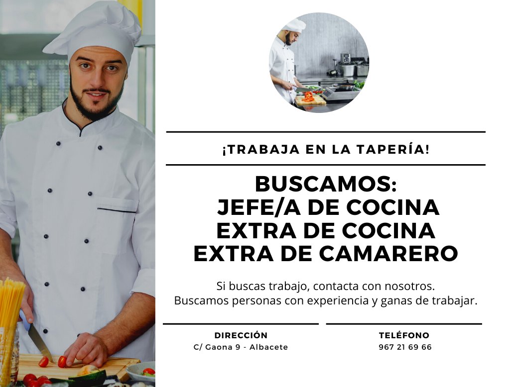 lataperiaab's tweet photo. ⚠️¡¡TRABAJO!!⚠️

En La Tapería estamos buscando:
👨‍🍳 Jefe/a de cocina
👨‍🍳 Extra de cocina
👨‍🍳 Extra de camarero

Buscamos incorporación inmediata, experiencia y ganas de trabajar. Absténganse curiosos.

📲 967 21 69 66 https://t.co/Obee0mIu8J