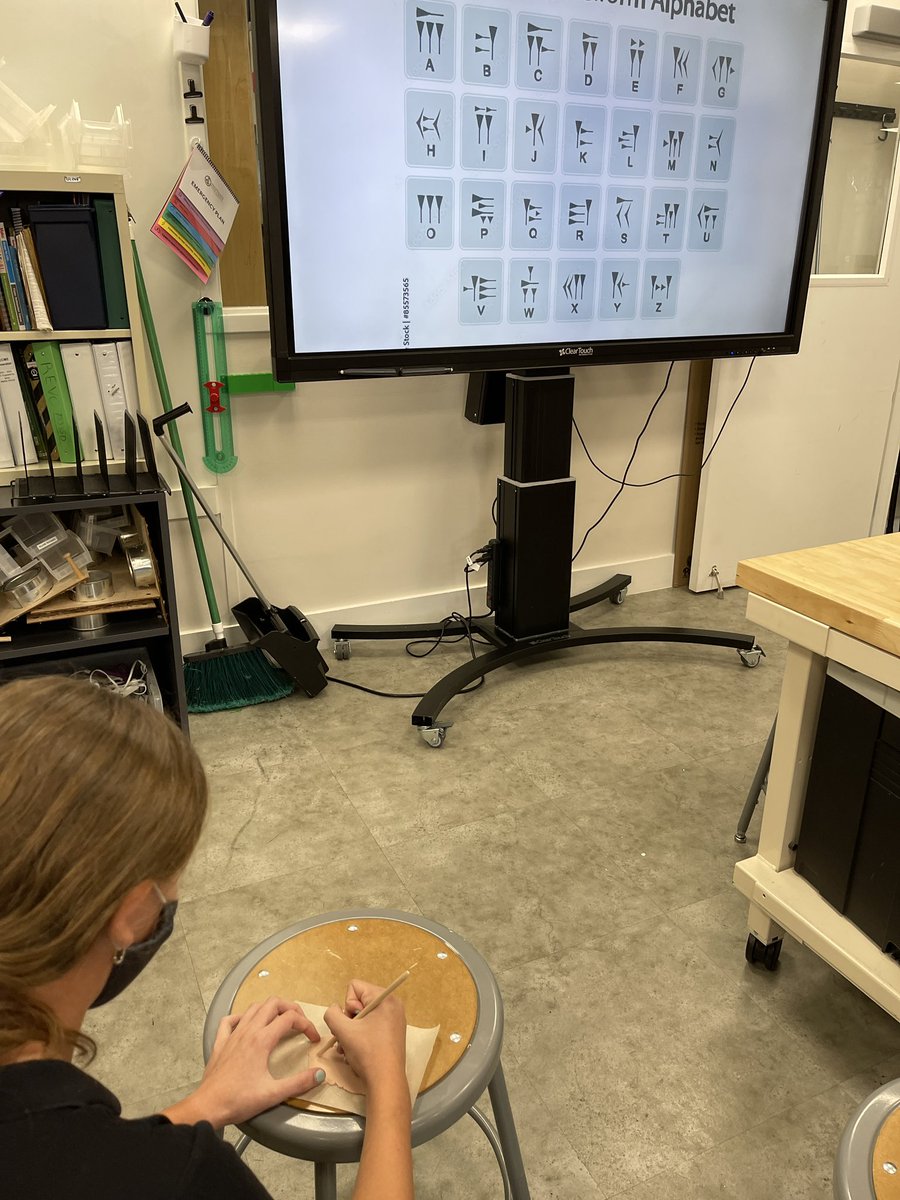 #PCGrade6 Ancient Civilizations students spent time in the #PCiLab creating primitive writing tools to imprint their names in clay tablets using the Sumerian Cuneiform Alphabet. #PCCreativity