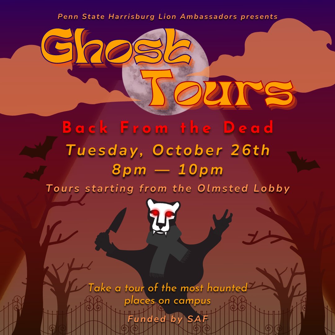 state_lion's tweet photo. Be aware of Ghost Tours👻 Back From the Dead🎃 Be prepared on Tuesday, October 26th from 8PM to 10PM! Tours will start in the Olmsted Lobby🧟‍♂️ https://t.co/DLaMFQgWQY