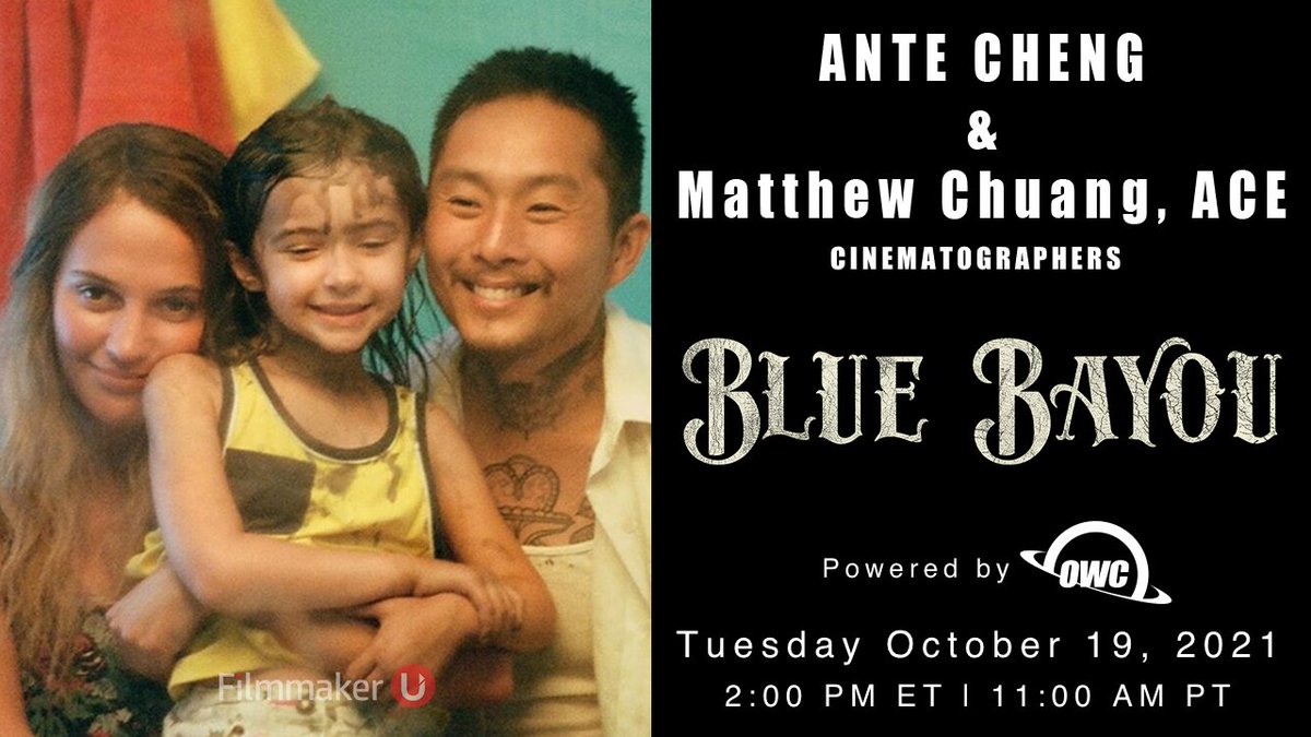 filmmaker_u's tweet photo. Join us TODAY at 2PM EDT with Cinematographers Ante Cheng and Matthew Chuang, ACS, the two DPs from @BlueBayouFilm! You can watch on YT: https://t.co/SbWVWyIaCM or on fb: https://t.co/88yuwhvPye @mattscope @PoweredbyOWC
#BlueBayou #AnteCheng #MatthewChuang #Cinematography https://t.co/jf0UXtElR8
