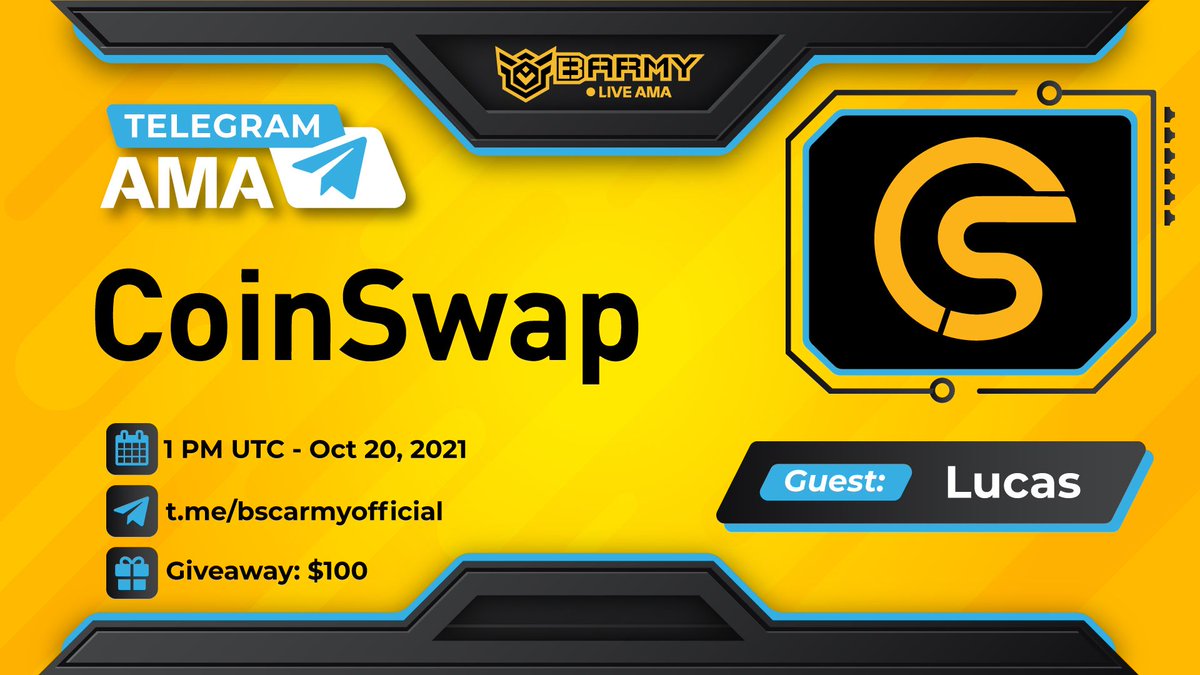 BARMYGROUP's tweet photo. 🔊#Barmy x #CoinSwap Tele AMA! 

⏰ Time: 1 PM UTC | Oct 20th 
📌 Venue: https://t.co/UzHALT9pO8

🎁Prize: $100 #giveaway 

🔘Rules 
🔸Rt, Cmt your question &amp; Tag 3 🙆on this Tweet 
🔸Join  https://t.co/Z6Il2WMo7w
🔸 Follow  @Coinswap_ |  @BARMY_Official
 
 Let's join us! https://t.co/6UqxtIYH9F