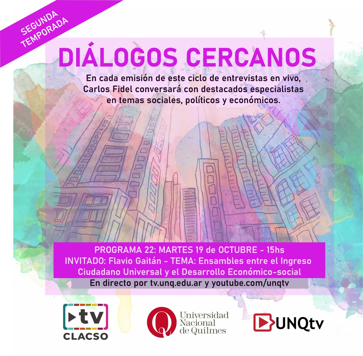 audiovisualunq's tweet photo. 🚩A las 15 #EnVivo por https://t.co/LEIHG02ygm o https://t.co/Q6uUK4z6Fg
📺 #Programa22 de #DialogosCercanos junto a @_CLACSO
📽️Carlos Fidel charlará con Flavio Gaitán de @iuperj y @unila
#Tópico: "Ensambles entre el Ingreso Ciudadano Universal y el Desarrollo Económico-social”. https://t.co/qI6yy0lDyE