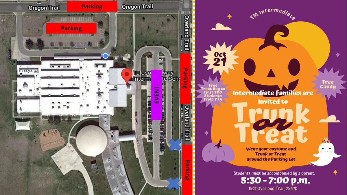 Just a reminder,  Thursday is our Intermediate Trunk or Treat! For the safety of our students our drop off lane and front parking lot will be closed to traffic.  Please see map below.  Don't forget, your student can wear their costume to school and Trunk or Treat!