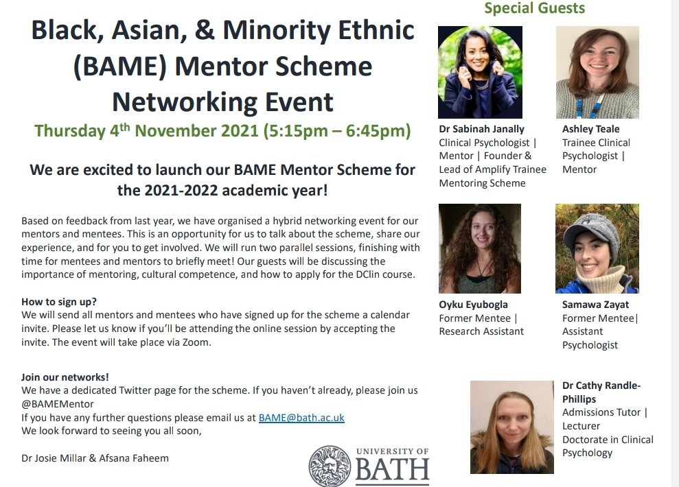 ✨SAVE THE DATE✨ 
We are looking forward to launching our hybrid <a href="/bamementor/">Black, Asian, & Minority Ethnic Mentor Scheme</a> networking event on 4th November 2021 for those who've registered to our scheme! Great opportunity to meet your mentors &amp; mentees, plus our special guests! Still time to register!
<a href="/BathPsychology/">Psychology at Bath</a>