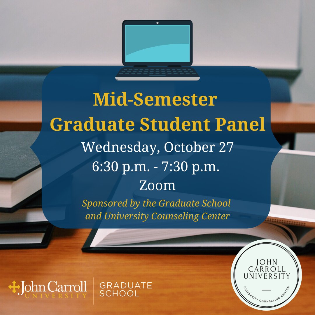 JCU_UCC's tweet photo. Interested in hearing from graduate school panelists about their experiences? Attend the Grad Student panel, next Wednesday! The panelists will offer insight that may guide you in your grad school journey. Email Molly McCann to RSVP and receive the Zoom link for the event! https://t.co/cpYo0dGnag
