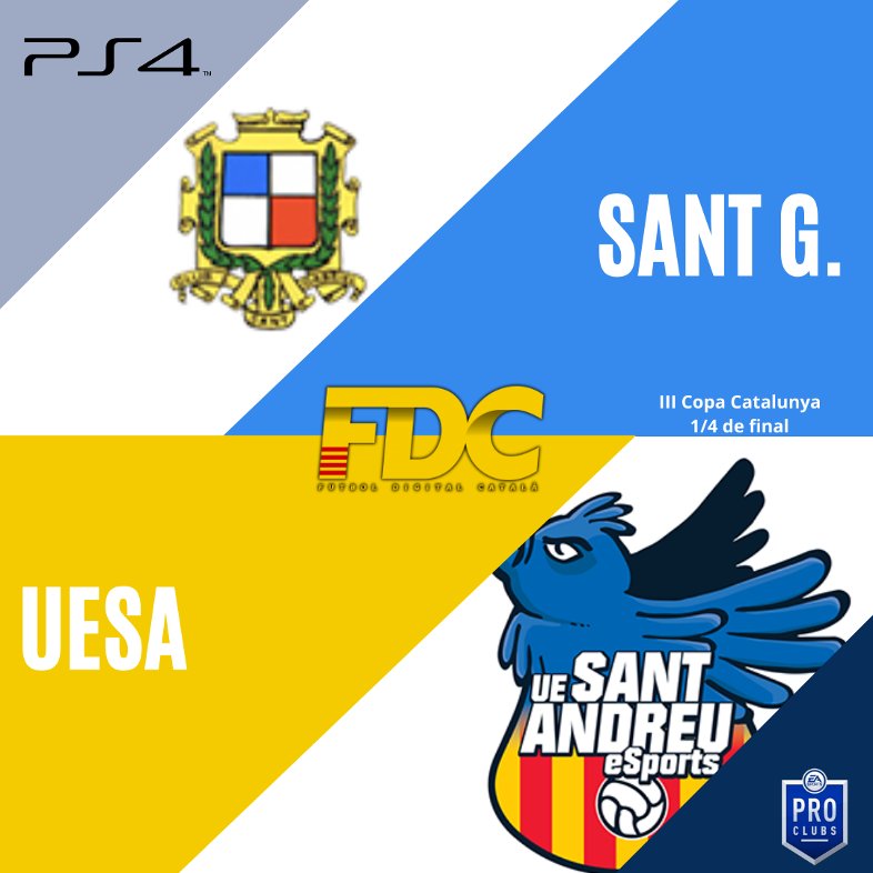 Competicions FDC #FIFA22  |  Ja és aquí la Copa Catalunya FDC. El millor fútbol català digital aquesta nit a #Fifa22 

Ronda de 1/4. Partit de contrastos: <a href="/sangraesports/">CE. Sant Gabriel eSports</a> vs @eSportsUESA a les 22:50 👏

El podreu seguir des de twitch.tv/uesantandreu