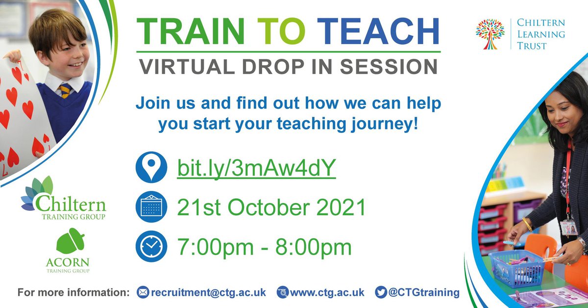 CTGtraining's tweet photo. Get along to this! Online event. This Thursday. Train to teach in Luton &amp; Beds with an outstanding provider! Join us. Some bursaries available. @mrRteaching @RachelTaylorITT @MsMcGivern @unleashing_me @NASBTT @JawairiyaT @NeelyHayes @PHS_Deputy https://t.co/UbXYRvw6by