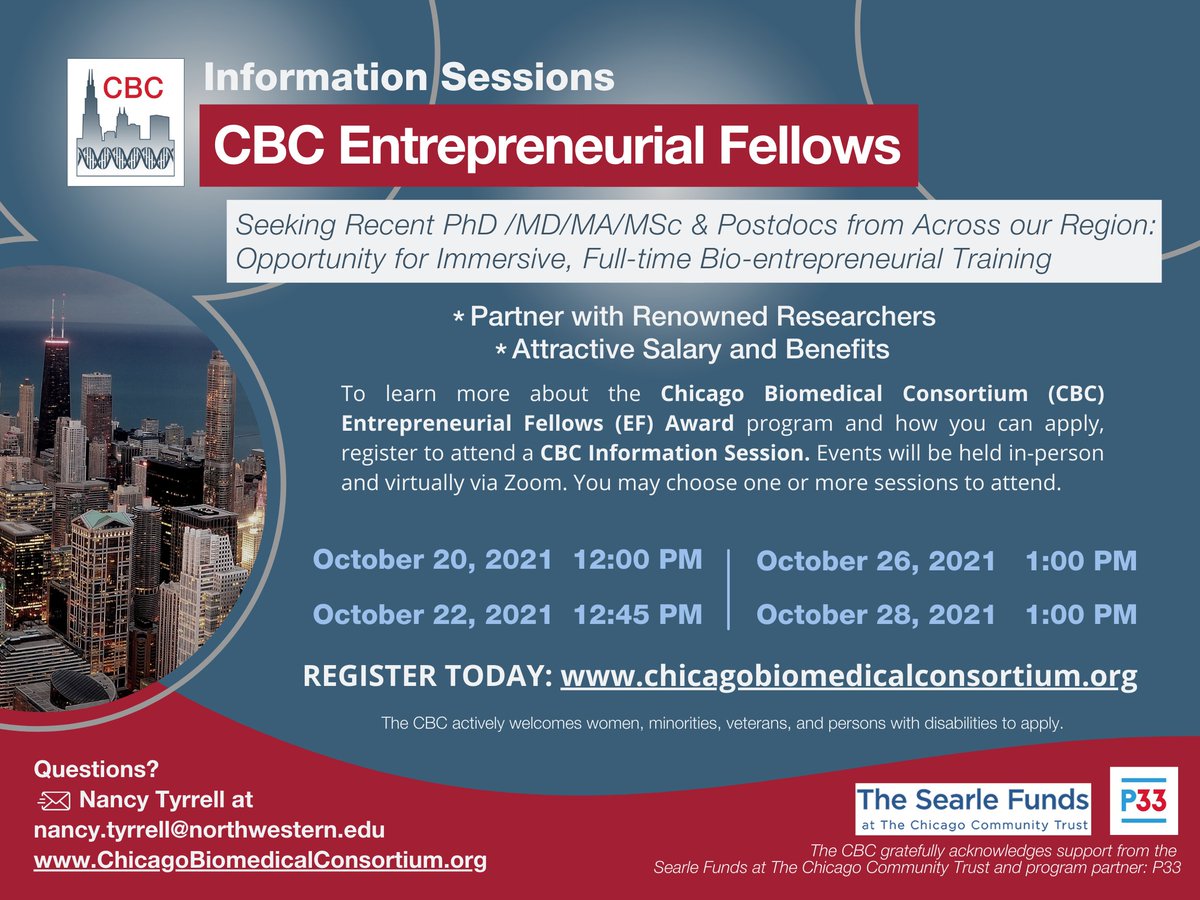 ChiBiomed's tweet photo. Curious about CBC’s Entrepreneurial Fellows Program? There are 4 remaining info sessions scheduled. Register here:
https://t.co/JOPStv2KTe
#biotech #entrepreneurship
#CBCEntrepreneurialFellows #UChicago #UChicagoMed #NUFeinbergMed #ResearchNU
#uiccom #thisisUIC #P33chicago https://t.co/gwg4nSkWYf