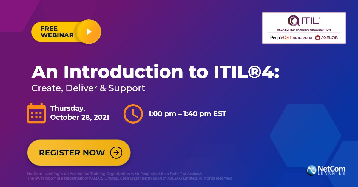 NetComLearning's tweet photo. Upskill your team to effectively manage and deliver IT-enabled products and services. Join the webinar on ITIL®4 and improve your organization's service management.
Register now: https://t.co/7WbMpKS4Ae
#ITILTraining #ITIL4 #ITILFoundation #NetComLearning #LifeLongLearning https://t.co/knDZVeQH79