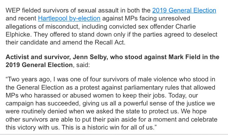 JennSelby's tweet photo. Getting the amendment to the #RecallAct through parliament today gives survivors like me - like the women I stood alongside in #GE2019 - a powerful sense of the justice we were routinely denied when we turned to the state to protect us.

My statement on today.  @WEP_UK https://t.co/WHBgHOLwtZ