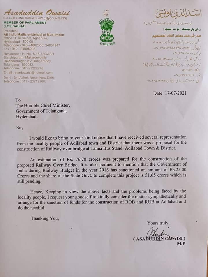 JunaidADB's tweet photo. ADB AIMIM party leaders once again represented long pending Tamsi bus stand railway bridge issues to @asadowaisi, Few months back Owaisi himself requested @TelanganaCMO to sanction funds for this railway over bridge, I kindly request TS govt plz look into this🙏
@KTRTRS @VPRTRS https://t.co/lQGHnm4aY6