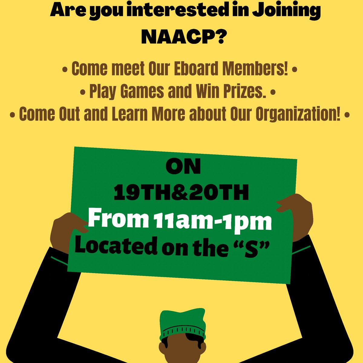 SeluNAACP's tweet photo. Stop by our table this morning! Bring a friend and come play some games. You are all invited to learn more about NAACP! 💚🦁 https://t.co/gjDL0TuCdD