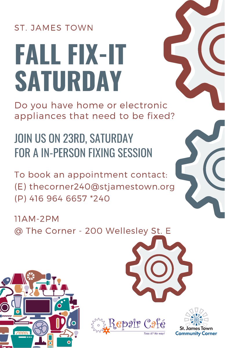 thecornersjt's tweet photo. Do you have household appliances that need to be fixed? Do you want to join the fixer as they fix your stuff? An in-person repair session in partnership with @RepairCafeTO . Make sure to book your appointments. #stjamestown #repair #shareandreuse #communitylove💜 https://t.co/4Eqxwec3df