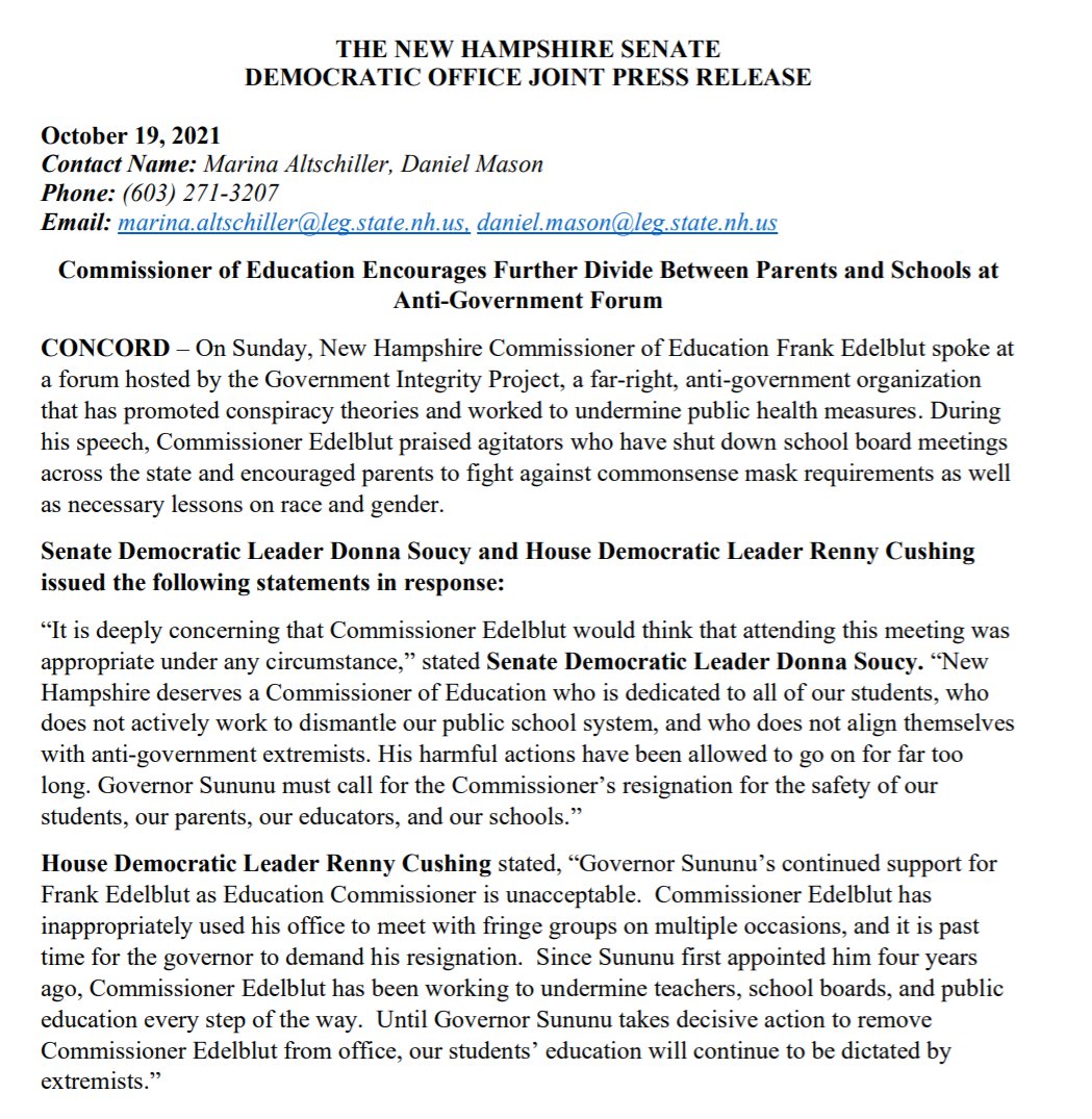 NH Senate Democrats (@nhsenatedems) on Twitter photo Until Governor Sununu takes decisive action to remove Commissioner Edelblut from office, our students’ education will continue to be dictated by extremists. <a href="/DonnaSoucy/">Donna Soucy</a> <a href="/rennycushing/">Renny Cushing</a> #NHPolitics Until Governor Sununu takes decisive action to remove Commissioner Edelblut from office, our students’ education will continue to be dictated by extremists. <a href="/DonnaSoucy/">Donna Soucy</a> <a href="/rennycushing/">Renny Cushing</a> #NHPolitics