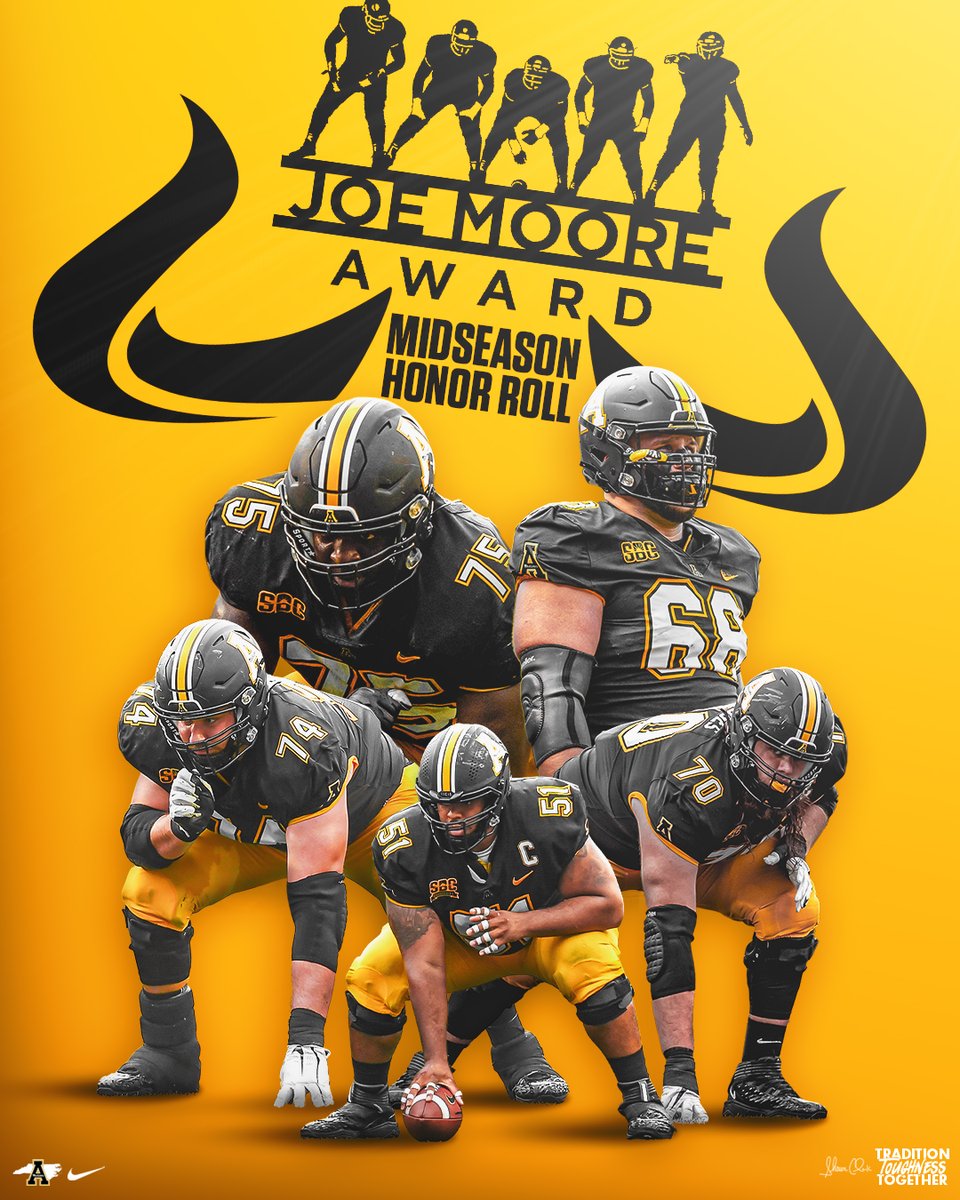 For the third time in the last four seasons, <a href="/AppState_FB/">App State Football</a>'s OL has made the midseason honor roll for the <a href="/JoeMooreAward/">Joe Moore Award</a>! 🐂🐂🐂🐂🐂🐂

#GoApp

🔗 bit.ly/3lSRZOE