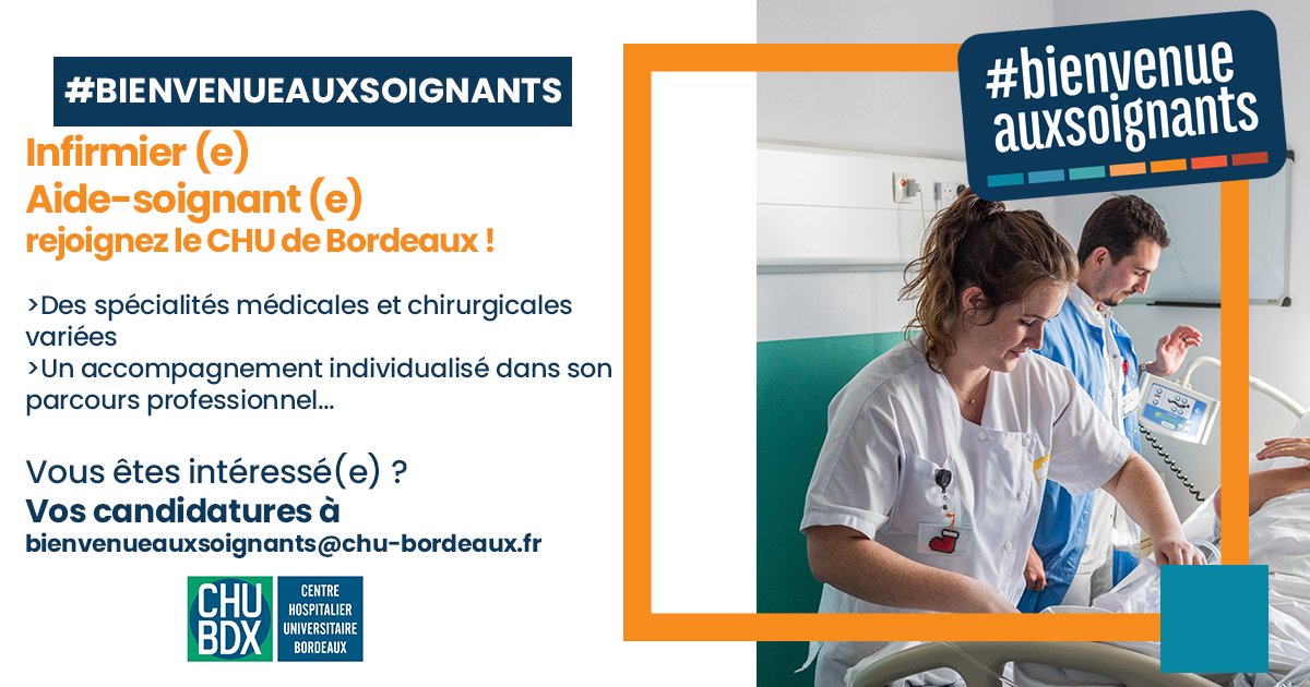 CHUBordeaux's tweet photo. [#RECRUTEMENT] #Infirmier(e) #Aidesoignant(e) : le @CHUBordeaux a besoin de vous pour l’ensemble de ses 19 pôles de haute de technicité. Rejoignez-nous! #bienvenueauxsoignants
offres➡️AVP 367 AVP 368 https://t.co/foKARBTXzO
Contact bienvenueauxsoignants@chu-bordeaux.fr #Emploi https://t.co/jViUoJJo6Y